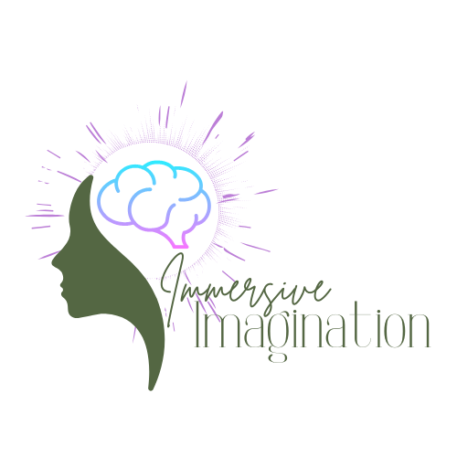 Immersive Imagination logo with silhouette, colorful brain illustration, and radiant light design