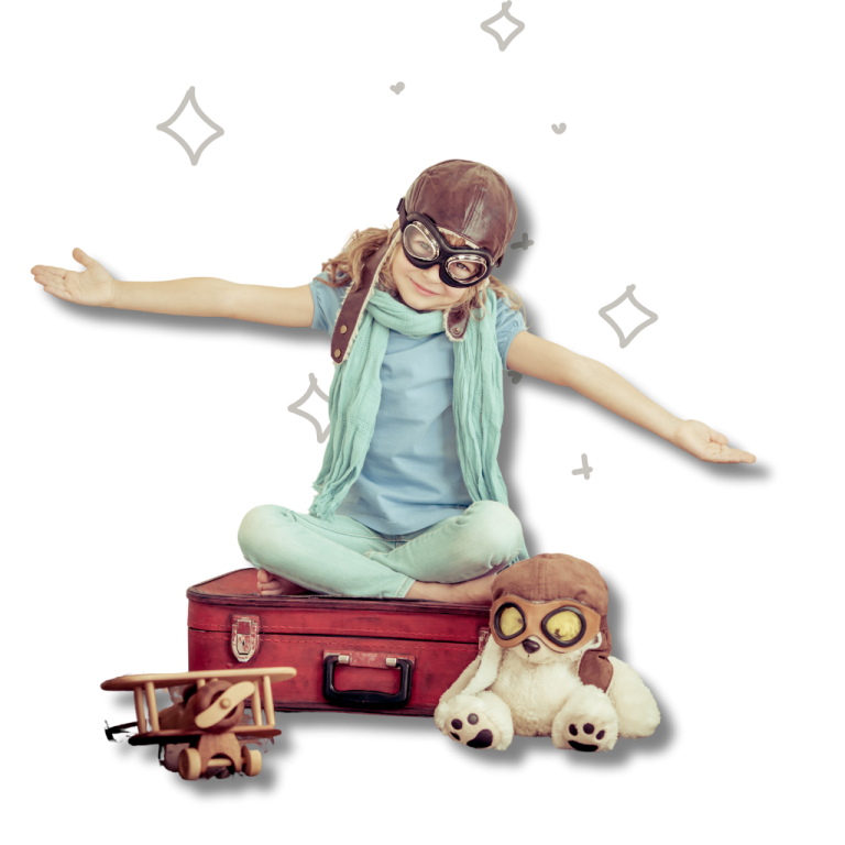 Child dressed as aviator sitting on suitcase with toy plane and text You Got This, symbolizing imagination and confidence